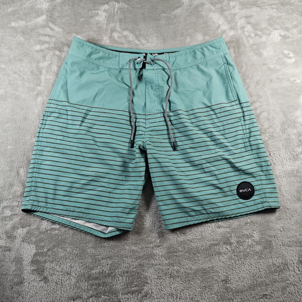 RVCA Board Shorts Mens 32 Green Striped Curren Caples Signature Trunk Surf Swim